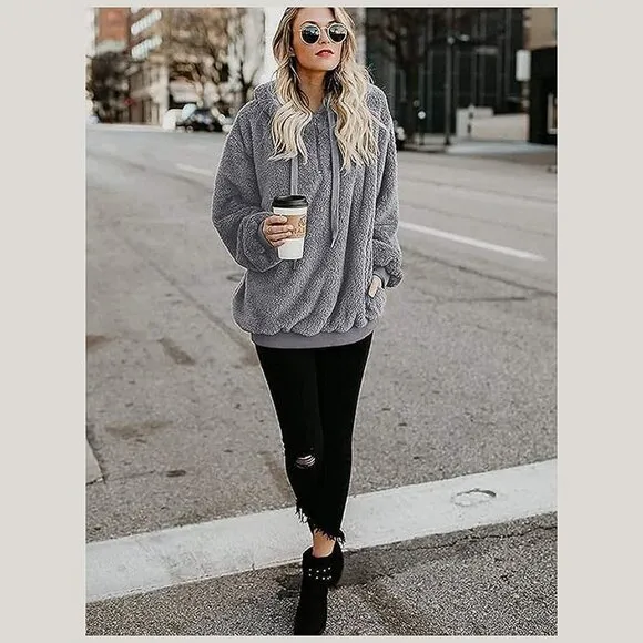 Women's Fuzzy Hoodies Sport Pullover Hoodie Grey
