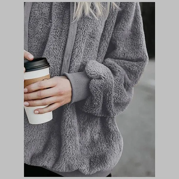 Women's Fuzzy Hoodies Sport Pullover Hoodie Grey