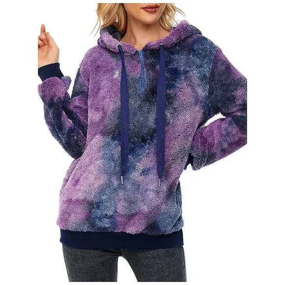 Women's Fuzzy Hoodies Sport Pullover Hoodie Y Blue Purple Tie Dye