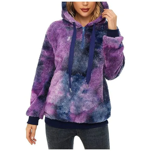 Women's Fuzzy Hoodies Sport Pullover Hoodie Y Blue Purple Tie Dye