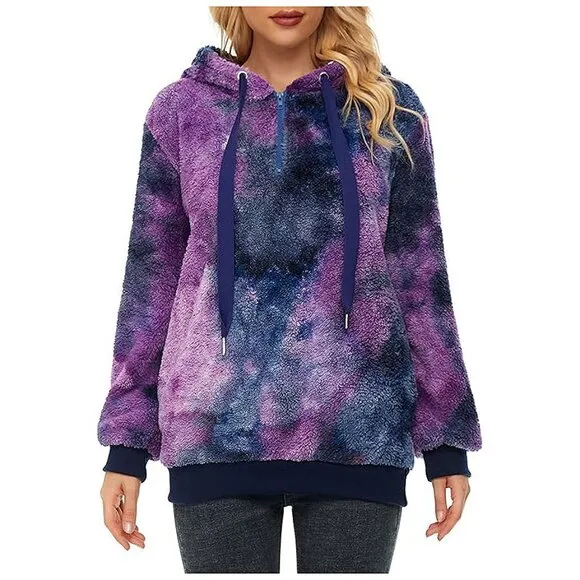 Women's Fuzzy Hoodies Sport Pullover Hoodie Y Blue Purple Tie Dye