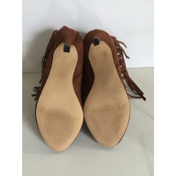 Women's June Ambrose Brown Leather Fringe Ankle Boots Size 8M#0187