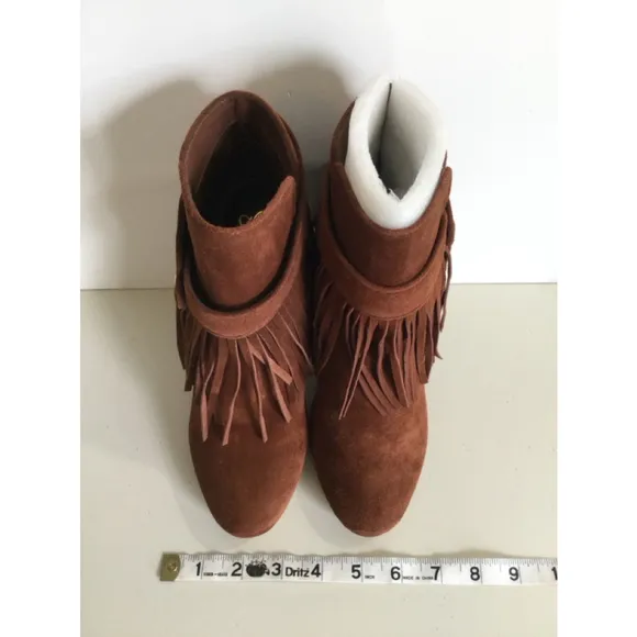 Women's June Ambrose Brown Leather Fringe Ankle Boots Size 8M#0187