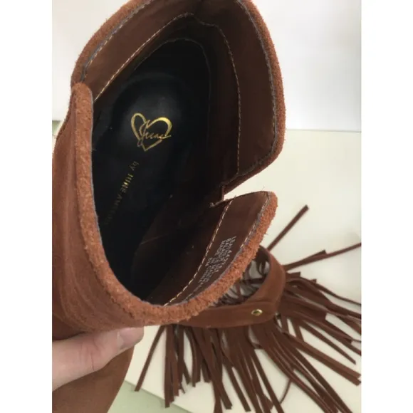 Women's June Ambrose Brown Leather Fringe Ankle Boots Size 8M#0187