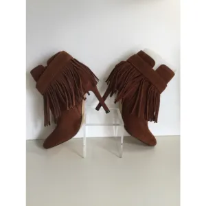 Women's June Ambrose Brown Leather Fringe Ankle Boots Size 8M#0187