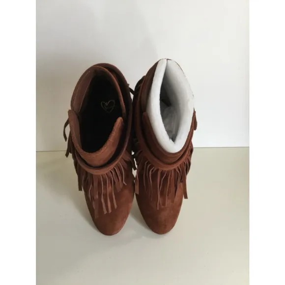 Women's June Ambrose Brown Leather Fringe Ankle Boots Size 8M#0187