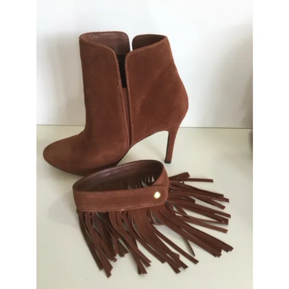 Women's June Ambrose Brown Leather Fringe Ankle Boots Size 8M#0187