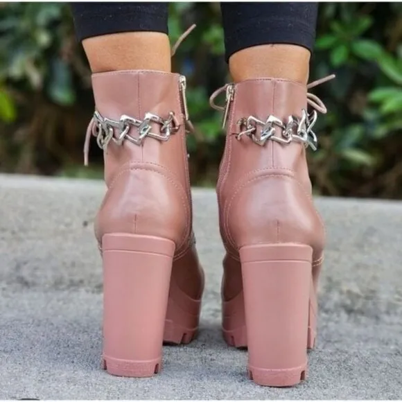 Women's Nude Platform Heel Boots Chunky Ankle Lace Up