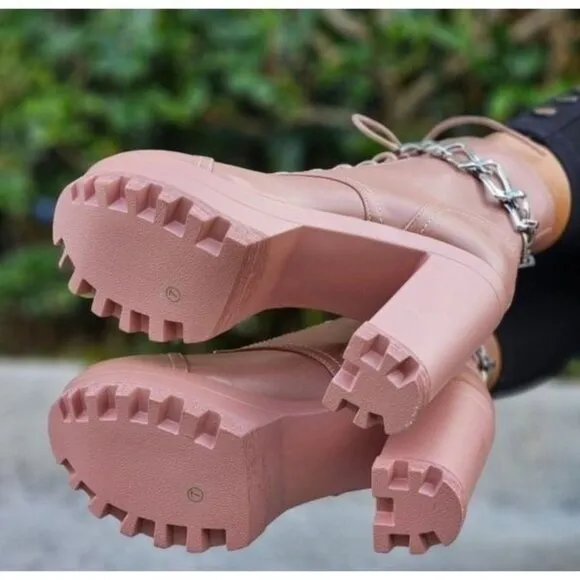Women's Nude Platform Heel Boots Chunky Ankle Lace Up