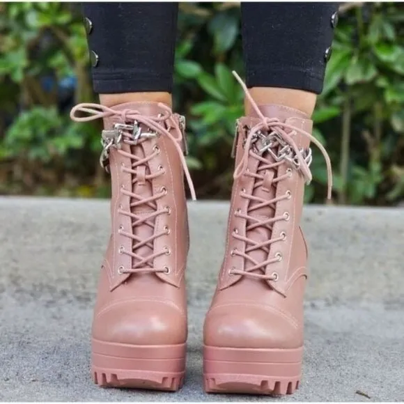 Women's Nude Platform Heel Boots Chunky Ankle Lace Up