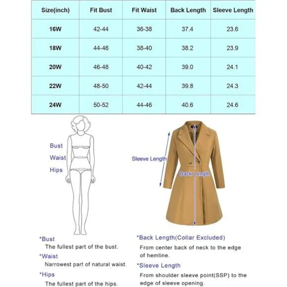 Women's Plus Size Wool Dress Coat Double Breasted Pea Coats Long Trench Coat