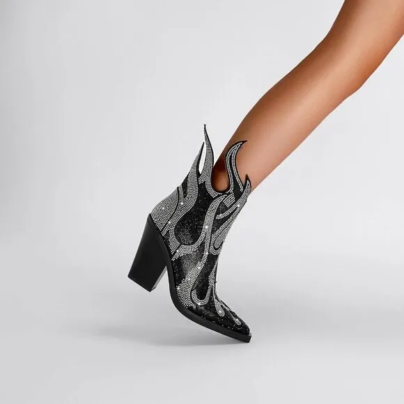 Women's Rhinestone Black Superfine fibre Booties Heeled Boots Ankle Booties