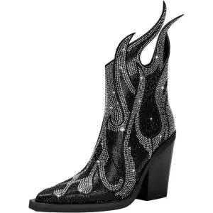 Women's Rhinestone Black Superfine fibre Booties Heeled Boots Ankle Booties