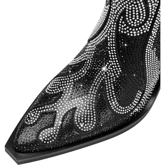 Women's Rhinestone Black Superfine fibre Booties Heeled Boots Ankle Booties