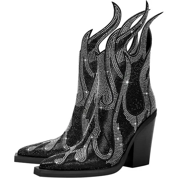 Women's Rhinestone Black Superfine fibre Booties Heeled Boots Ankle Booties