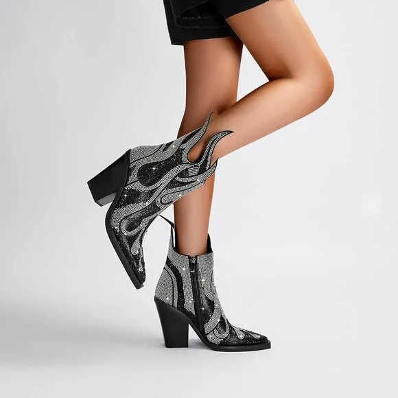 Women's Rhinestone Black Superfine fibre Booties Heeled Boots Ankle Booties