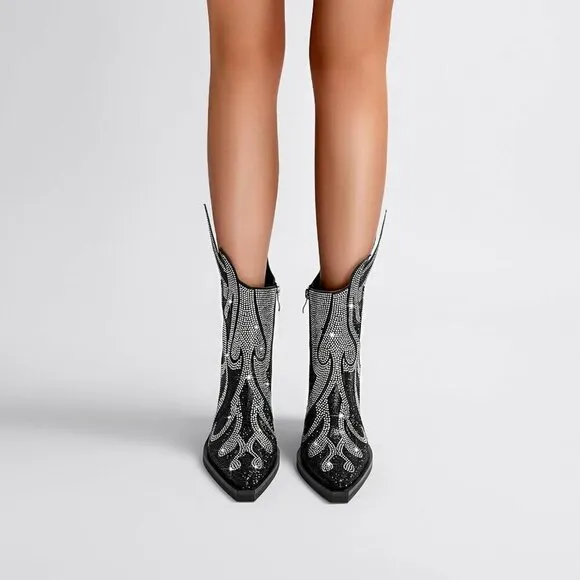 Women's Rhinestone Black Superfine fibre Booties Heeled Boots Ankle Booties