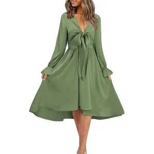 Women's Satin Sexy V Neck Tie Front Dresses, Green