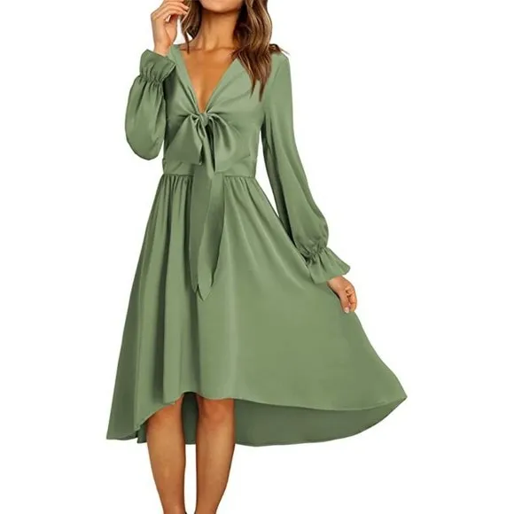 Women's Satin Sexy V Neck Tie Front Dresses, Green