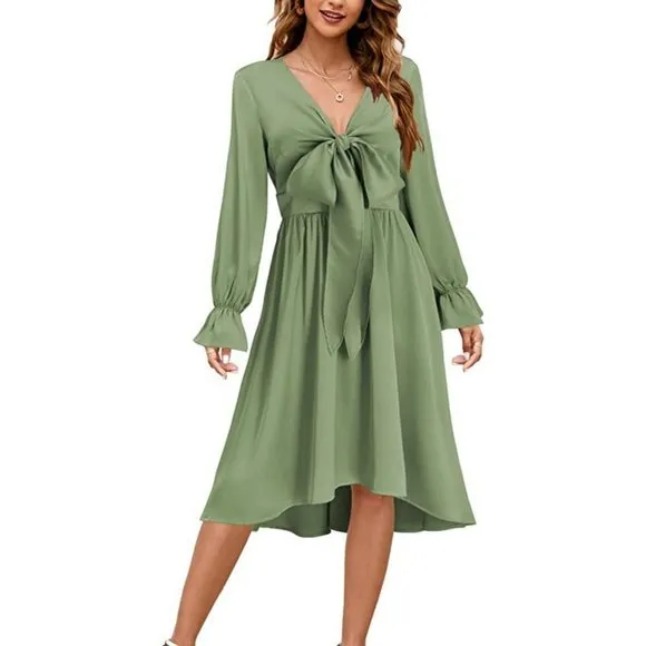 Women's Satin Sexy V Neck Tie Front Dresses, Green