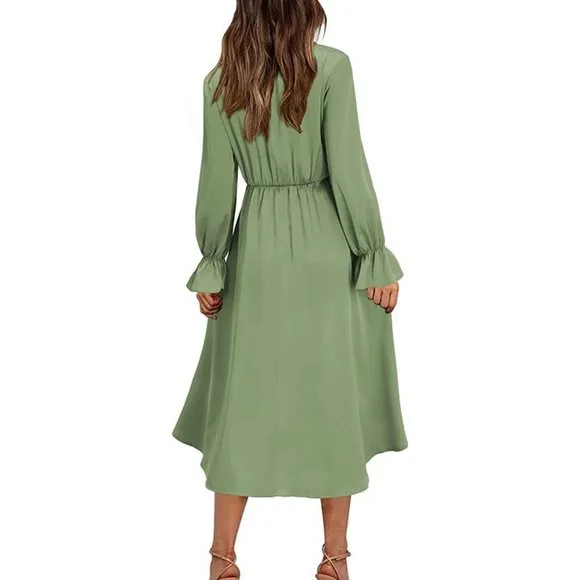 Women's Satin Sexy V Neck Tie Front Dresses, Green