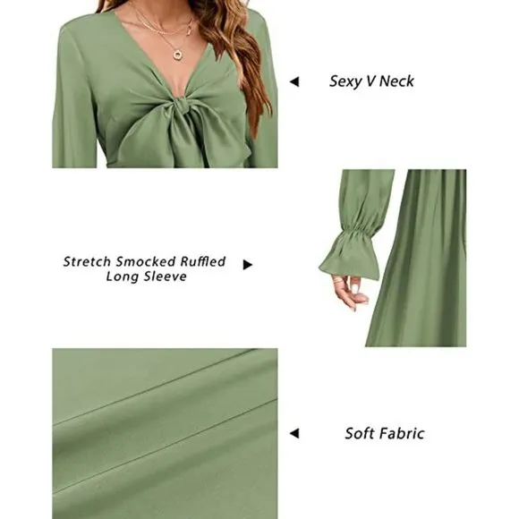 Women's Satin Sexy V Neck Tie Front Dresses, Green