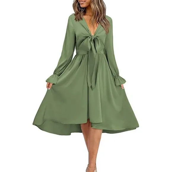 Women's Satin Sexy V Neck Tie Front Dresses, Green