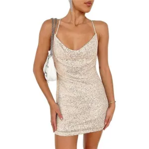 Women's Sequin Dress Sparkly Glitter Sexy Spaghetti Straps Sleeveless Backless