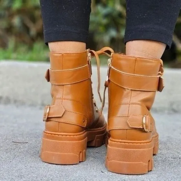 Womens Tan Combat Ankle Boots Lace Up Heeled