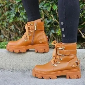 Womens Tan Combat Ankle Boots Lace Up Heeled