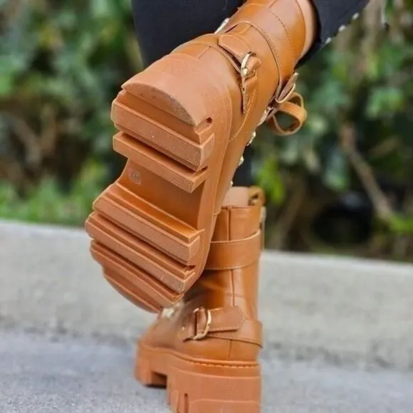 Womens Tan Combat Ankle Boots Lace Up Heeled