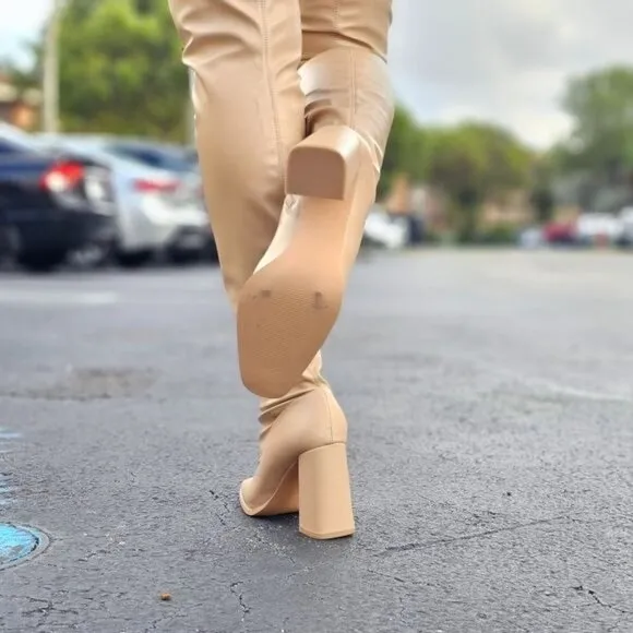 Women's Thigh High Over the Knee Boots Chunky Heel Nude Color