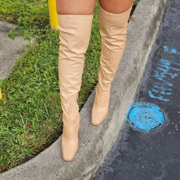Women's Thigh High Over the Knee Boots Chunky Heel Nude Color