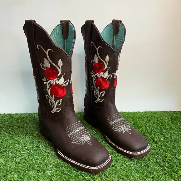 WOMEN'S WESTERN RODEO COWGIRL BOOTS GENUINE LEATHER LADIES BOTA VAQUERA CAFÉ