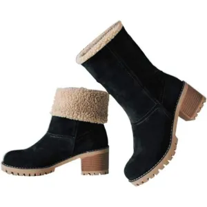 Women's Winter Boots Slip On Mid Chunky Heel Suede Warm Snow Ankle Boots, Black