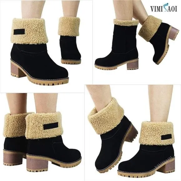 Women's Winter Boots Slip On Mid Chunky Heel Suede Warm Snow Ankle Boots, Black