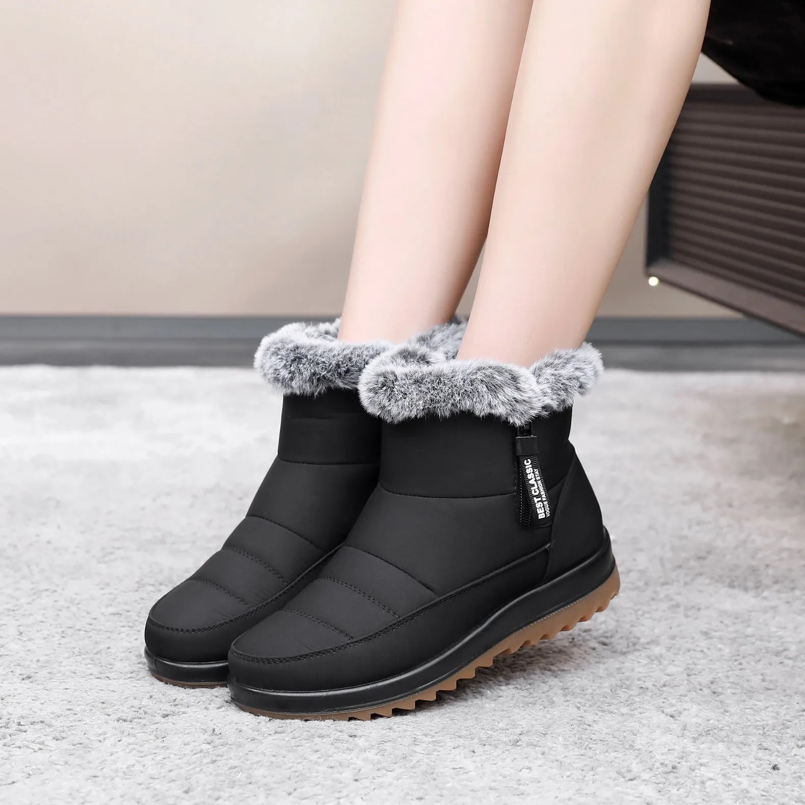 Women's Winter Boots with Side Zipper - Warm Faux Fur Ankle Boots, Ideal for Snow