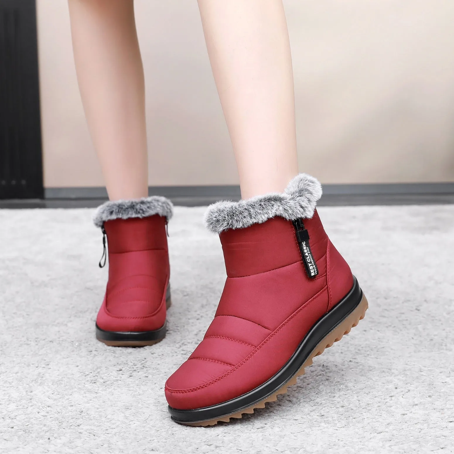 Women's Winter Boots with Side Zipper - Warm Faux Fur Ankle Boots, Ideal for Snow
