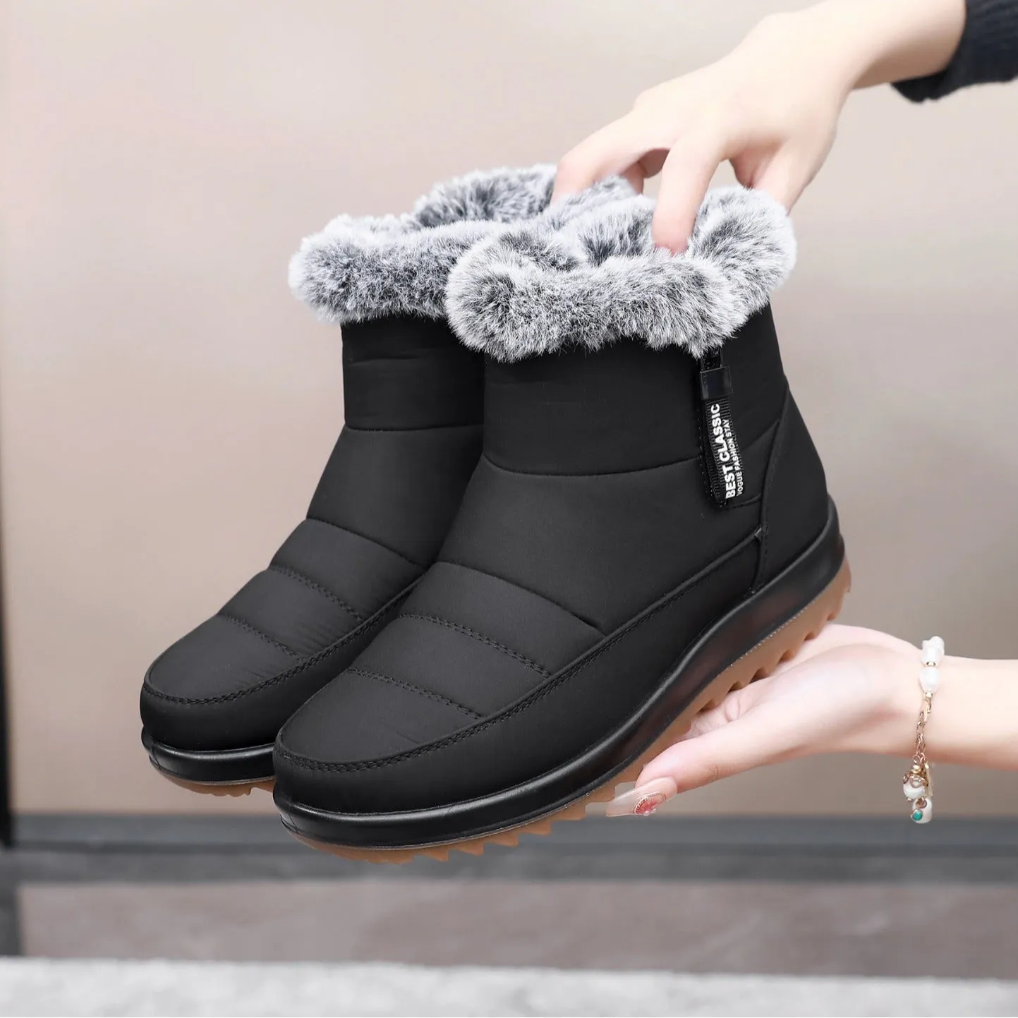 Women's Winter Boots with Side Zipper - Warm Faux Fur Ankle Boots, Ideal for Snow
