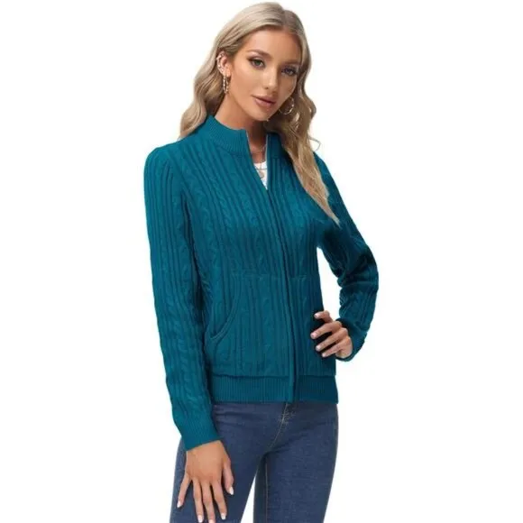 Women's Zip Up Cable Knit Sweater Lake Blue