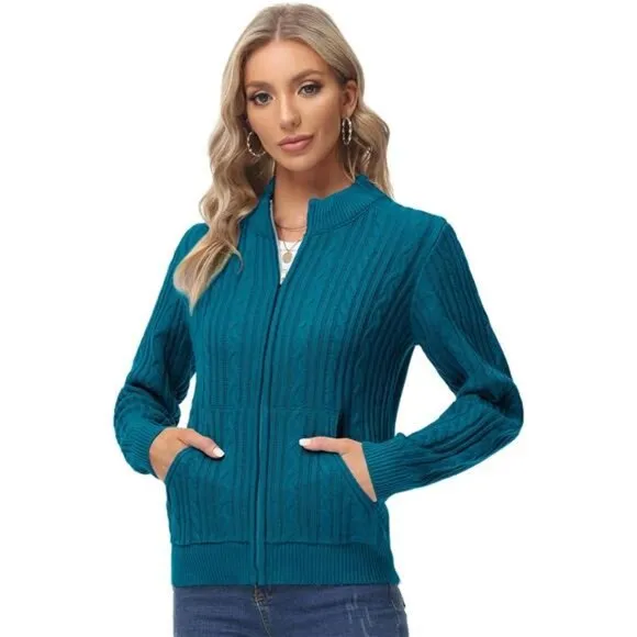Women's Zip Up Cable Knit Sweater Lake Blue