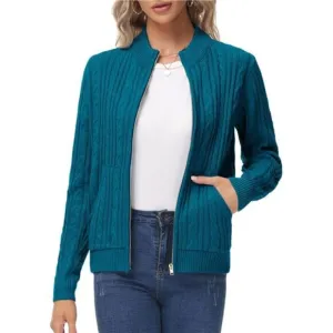 Women's Zip Up Cable Knit Sweater Lake Blue