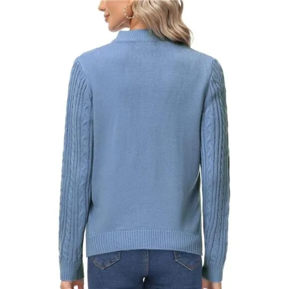 Women's Zip Up Cable Knit Sweater Light Blue