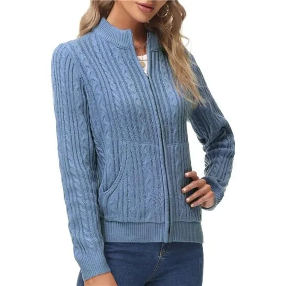 Women's Zip Up Cable Knit Sweater Light Blue