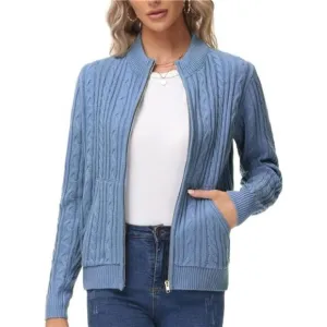 Women's Zip Up Cable Knit Sweater Light Blue