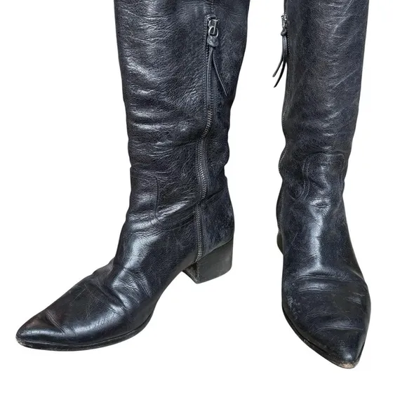 Y2k Miu Miu castle core goth black leather knee high pointed toe boots 38.5