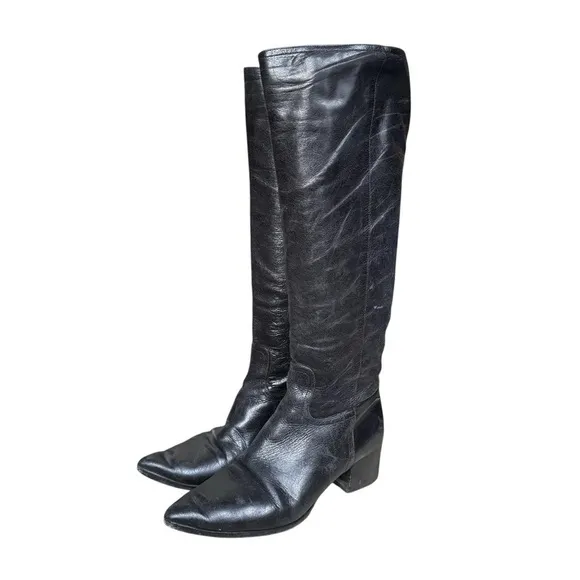 Y2k Miu Miu castle core goth black leather knee high pointed toe boots 38.5