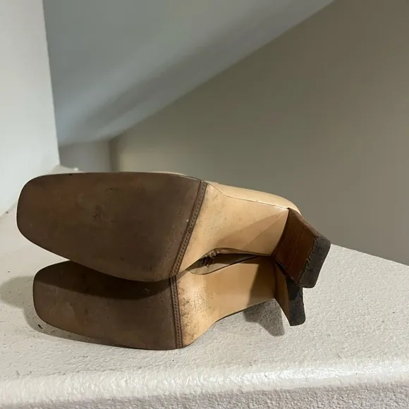 Y2K Tan‎ leather ankle boots wooden heel Square Toes  block heel booties size 5