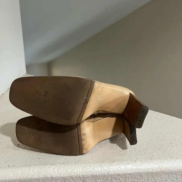 Y2K Tan‎ leather ankle boots wooden heel Square Toes  block heel booties size 5