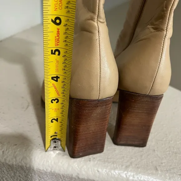 Y2K Tan‎ leather ankle boots wooden heel Square Toes  block heel booties size 5